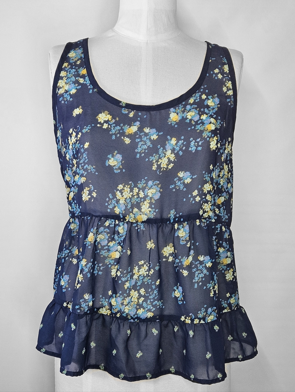 Mossimo Size XXL Top Sheer Chiffon Ruffled Ditzy Floral Sleeveless Tank Cottage